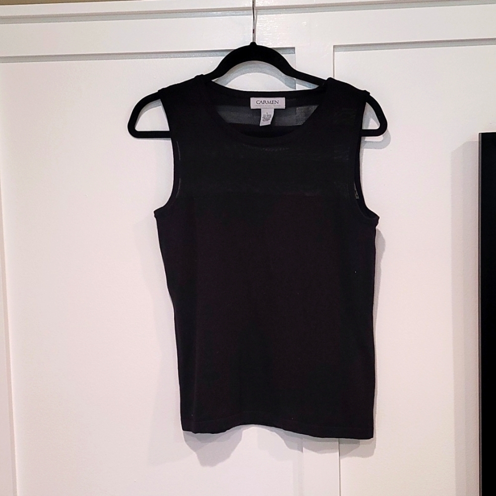 Carmen by Carmen Marc Valvo Sleeveless Sweater with Sheer Detail, Size L, Black